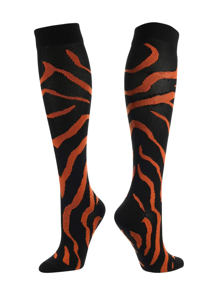 TCK Sports Krazisox Zebra Stripe Socks (Black/Orange, Medium) | Athletic Knee-High Socks for Sports & Activewear - main product image