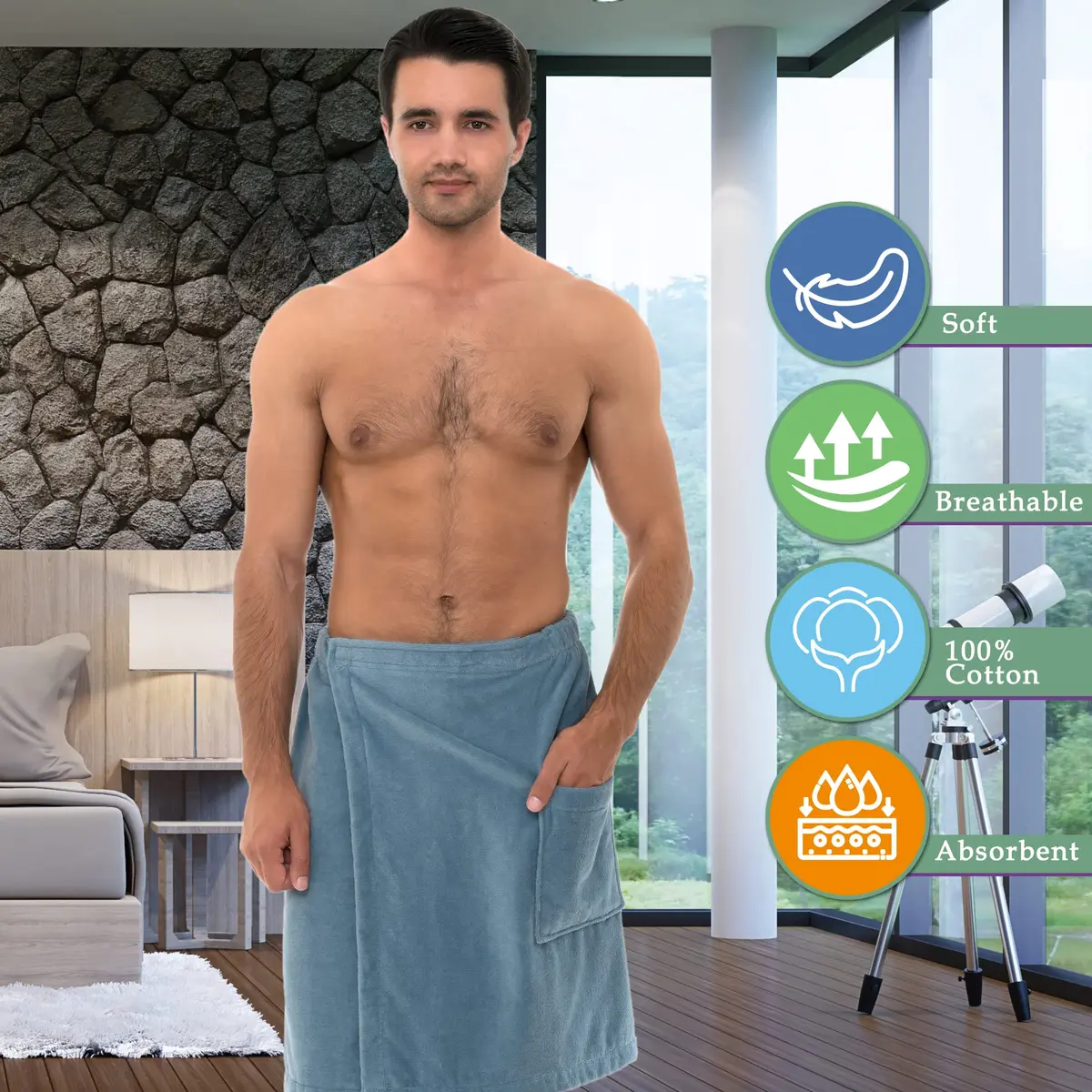 TowelSelections Men's Cotton Shower Wrap | Adjustable Velour Bath Towel for Men Small-Medium White - view 3