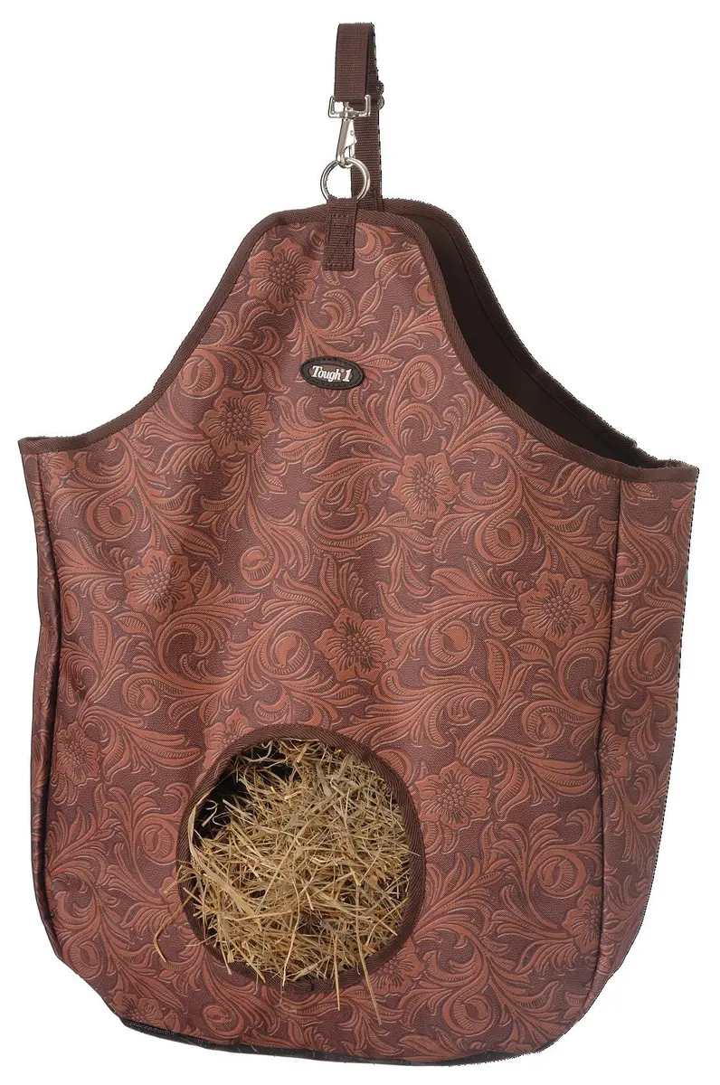 Tough 1 Nylon Hay Tote Bag in Prints, Tooled Leather Brown | Heavy Nylon with Large Top & Mesh Bottom - main product image