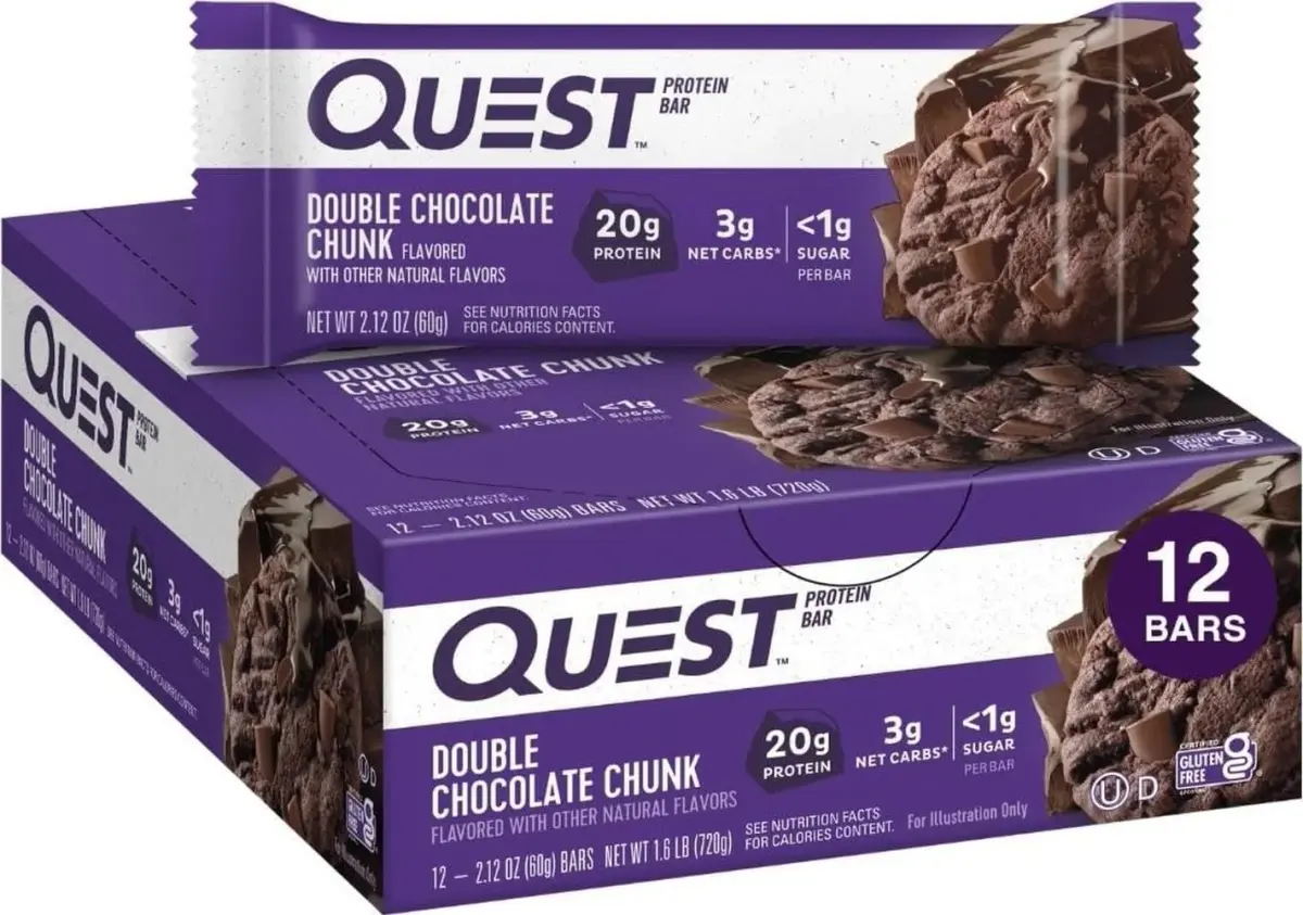 Quest Nutrition Double Chocolate Chunk Protein Bars 60g (2.12oz) | 20g Protein, 3g Net Carbs, Gluten-Free - main product image