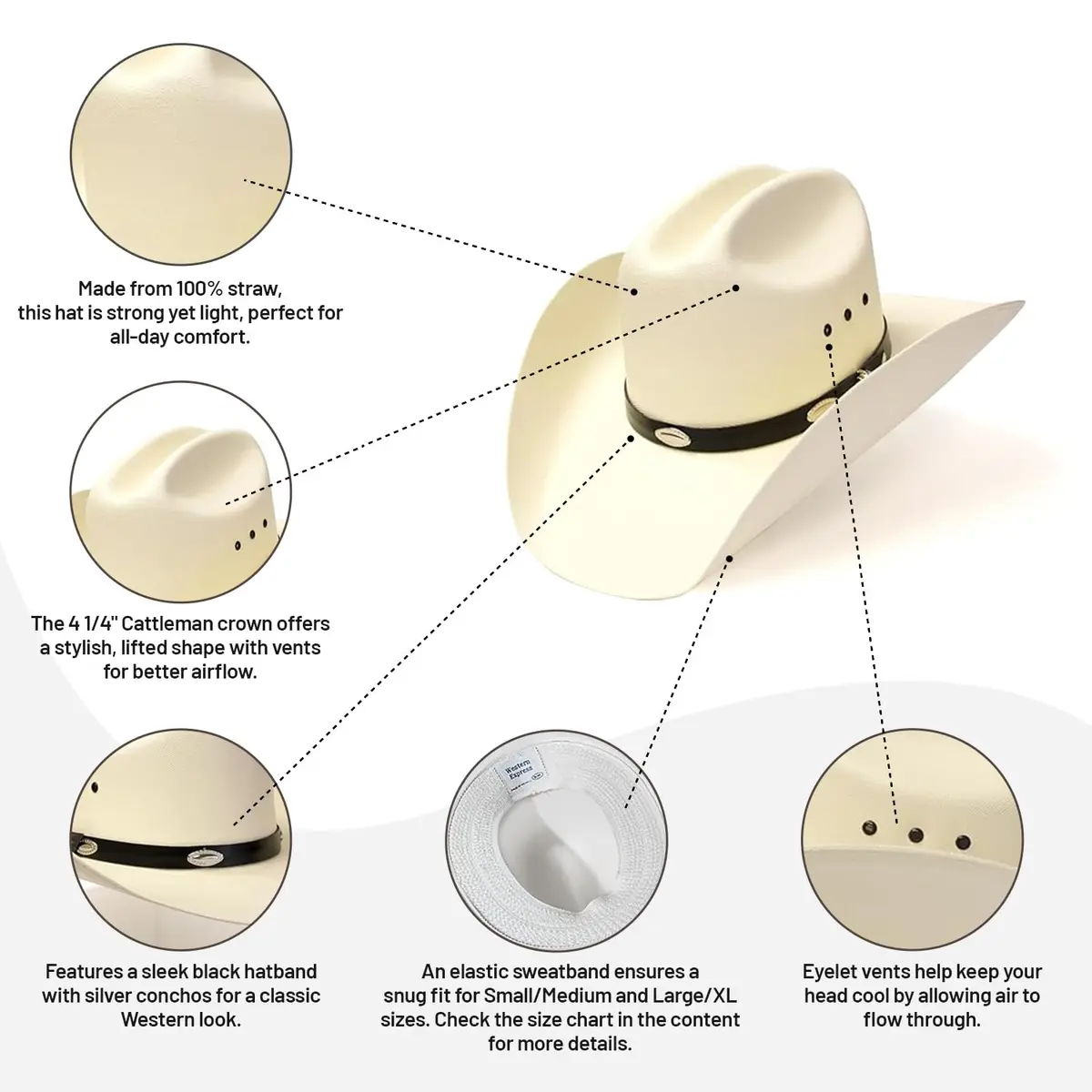Western Express Natural Straw Cowboy Hat for Men and Women | Cattleman Style with Black Hat Band and Silver Conchos - view 4