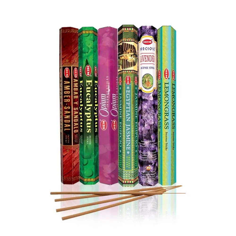 HEM assorted best sellers incense sticks pack of 6 | 120 Sticks, Fragrance - Lemongrass, Lavender, Egyptian Jasmine, Ambar Sandalo, Opium, Eucalyptus - main product image