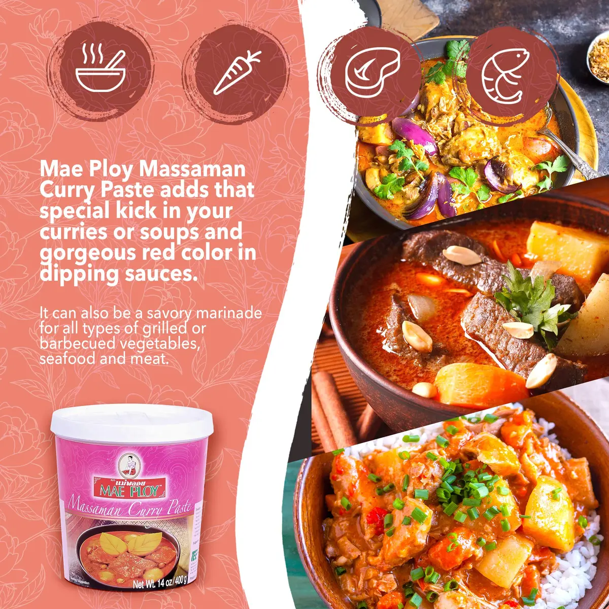 Mae Ploy Massaman Curry Paste 400g (14 oz) | Authentic Thai Flavor for Curries & Marinades - view 3