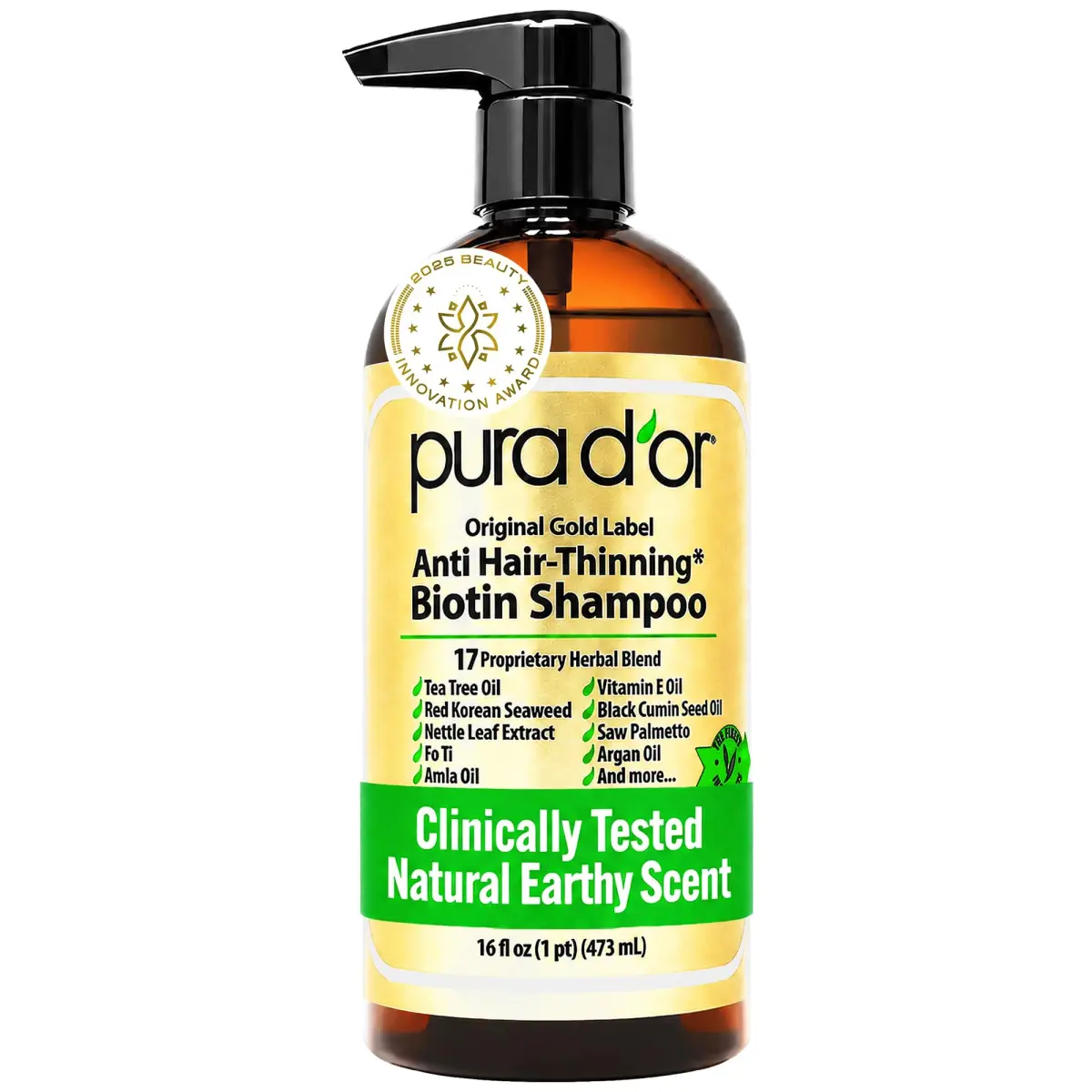 PURA D'OR Original Gold Label Anti-Hair Thinning Biotin Shampoo 473ml (16 Fl Oz) | Clinically Tested Botanical Care - main product image