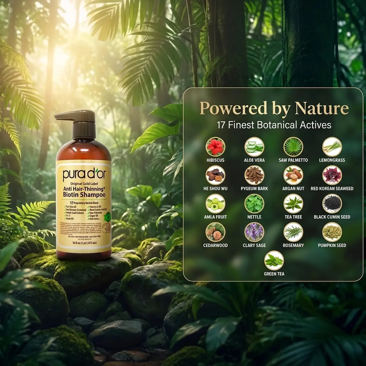 PURA D'OR Original Gold Label Anti-Hair Thinning Biotin Shampoo 473ml (16 Fl Oz) | Clinically Tested Botanical Care - view 5