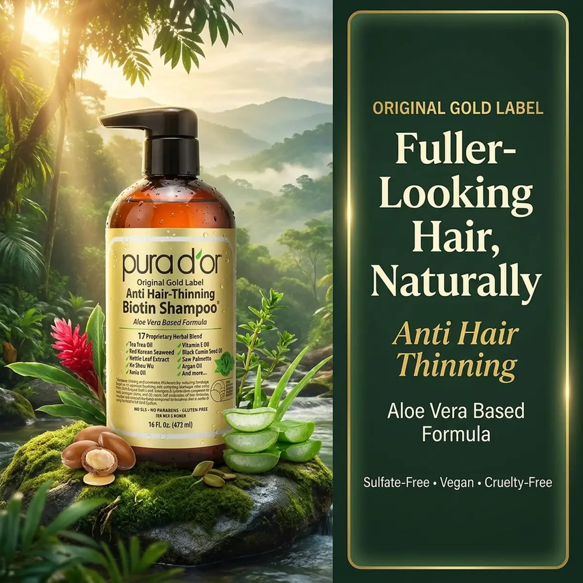 PURA D'OR Original Gold Label Anti-Hair Thinning Biotin Shampoo 473ml (16 Fl Oz) | Clinically Tested Botanical Care - view 7