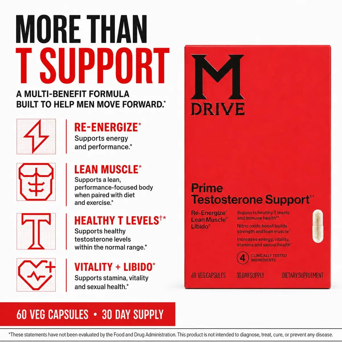 M Drive Prime Men's T‑Support Energy, Focus & Lean Muscle | Natural Testosterone Support, 60 Capsules - view 5