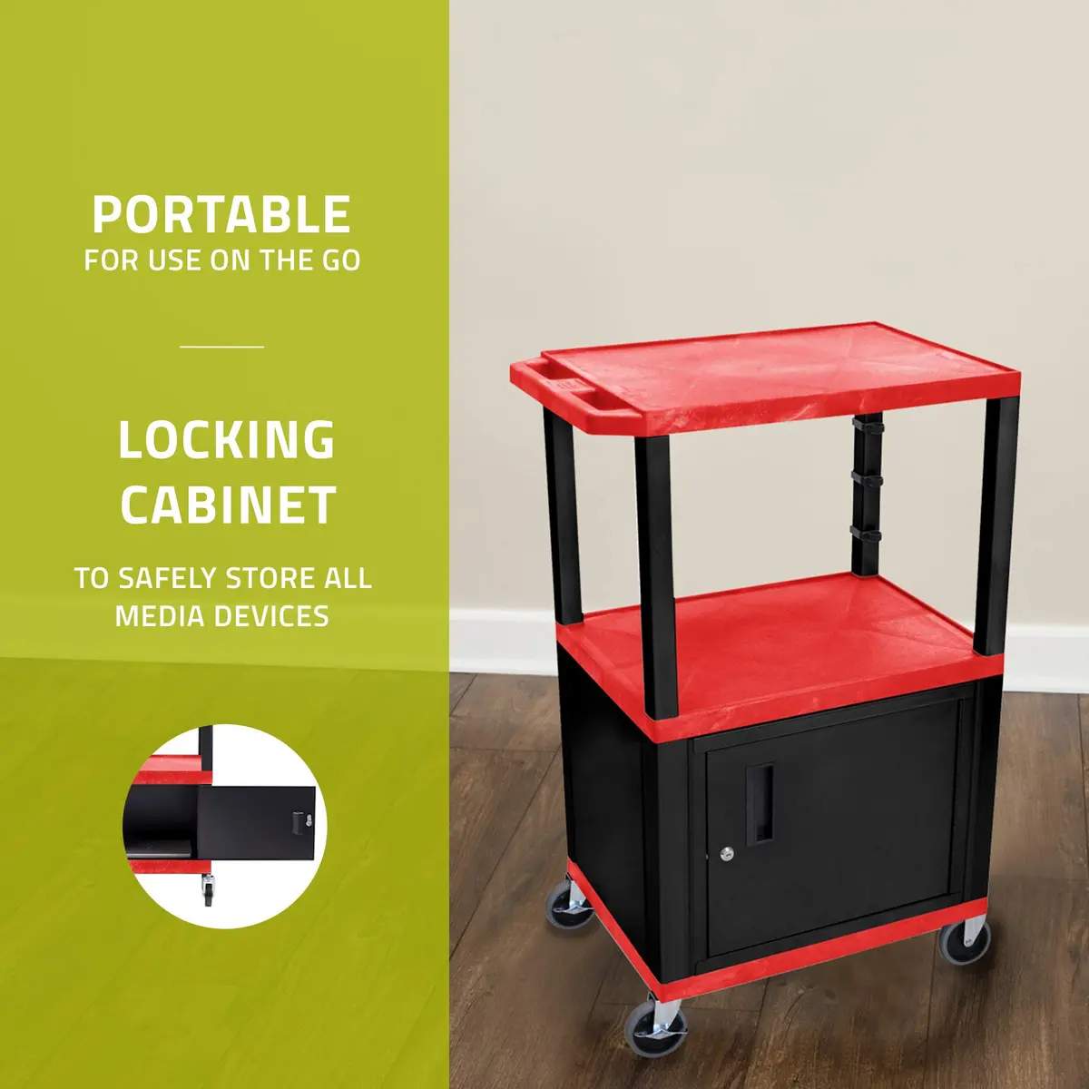 Luxor Multipurpose 42"H Red Audio Video Utility Cart with 3 Shelves, Cabinet - Black Legs - view 3