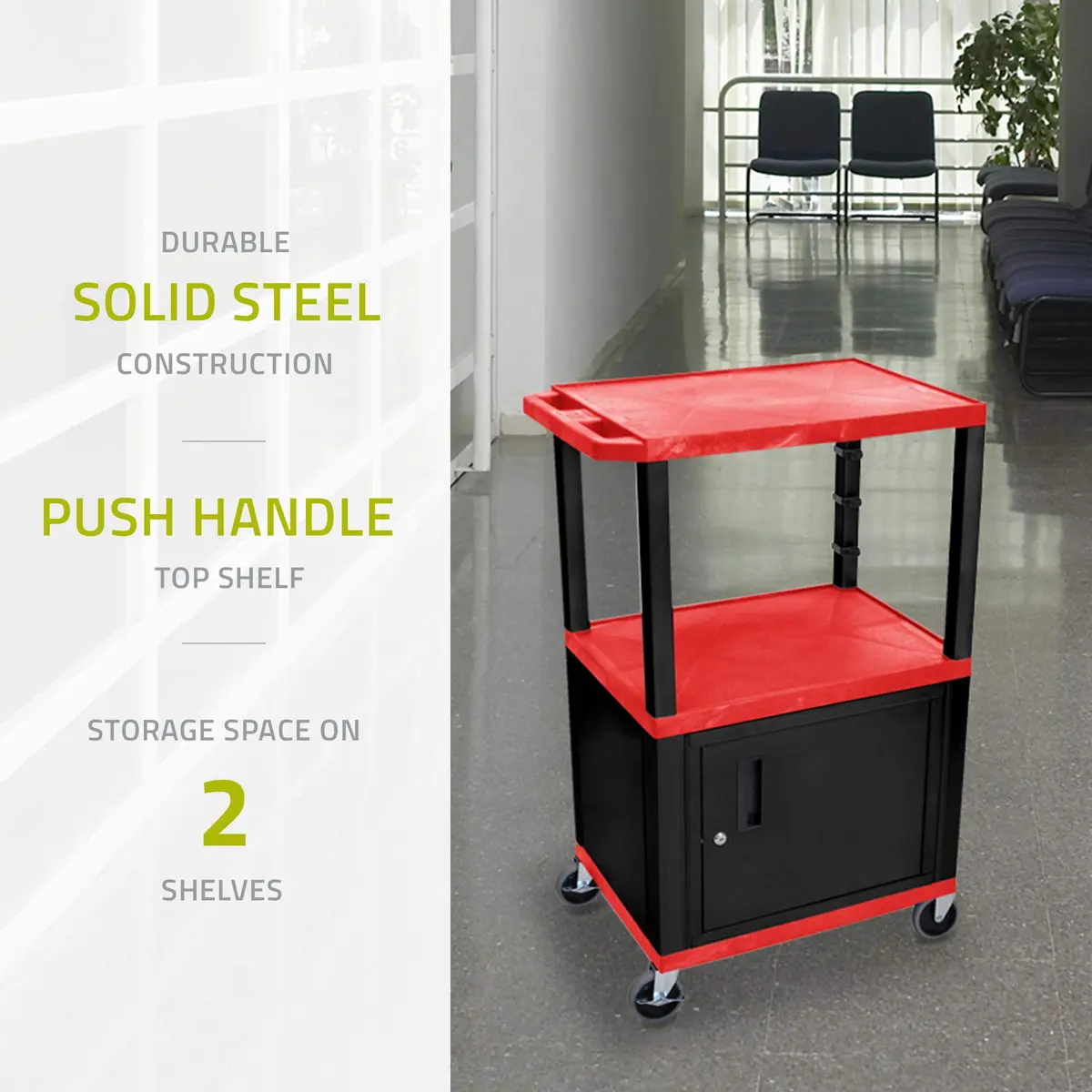 Luxor Multipurpose 42"H Red Audio Video Utility Cart with 3 Shelves, Cabinet - Black Legs - view 4