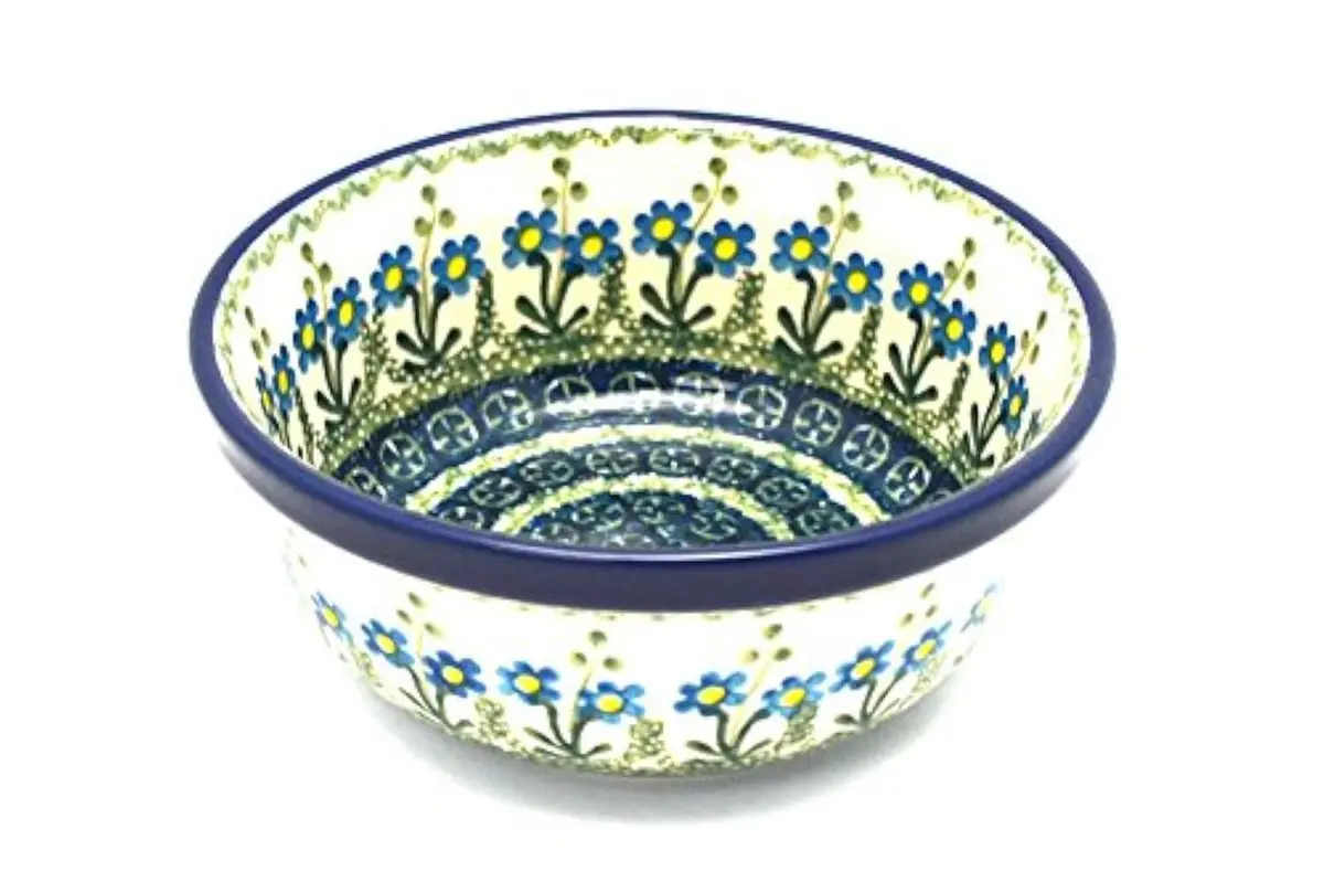 Polish Pottery Bowl - Salad - Blue Spring Daisy | Handmade Polish Stoneware - main product image
