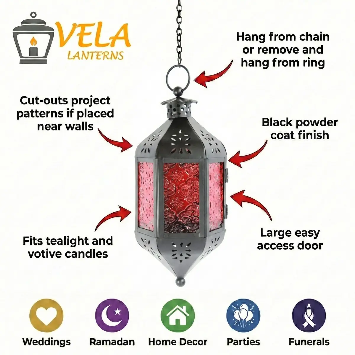 Vela Lanterns Hanging Moroccan Lamp - Exotic Decor, Indoor & Outdoor, 11" Red Glass - view 5