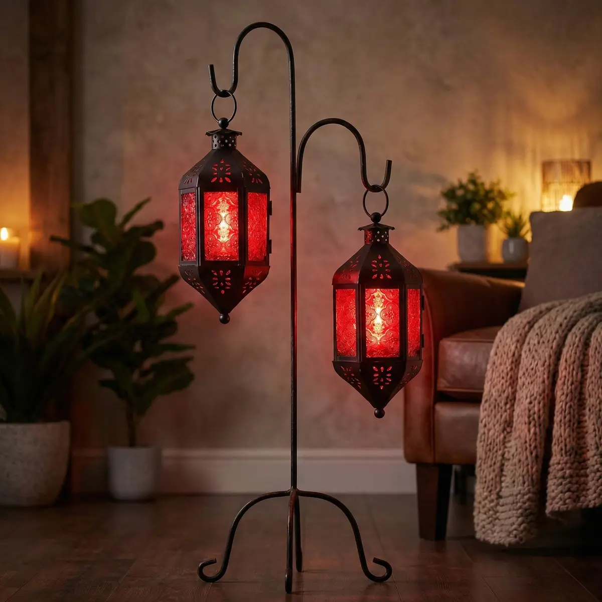 Vela Lanterns Hanging Moroccan Lamp - Exotic Decor, Indoor & Outdoor, 11" Red Glass - view 6