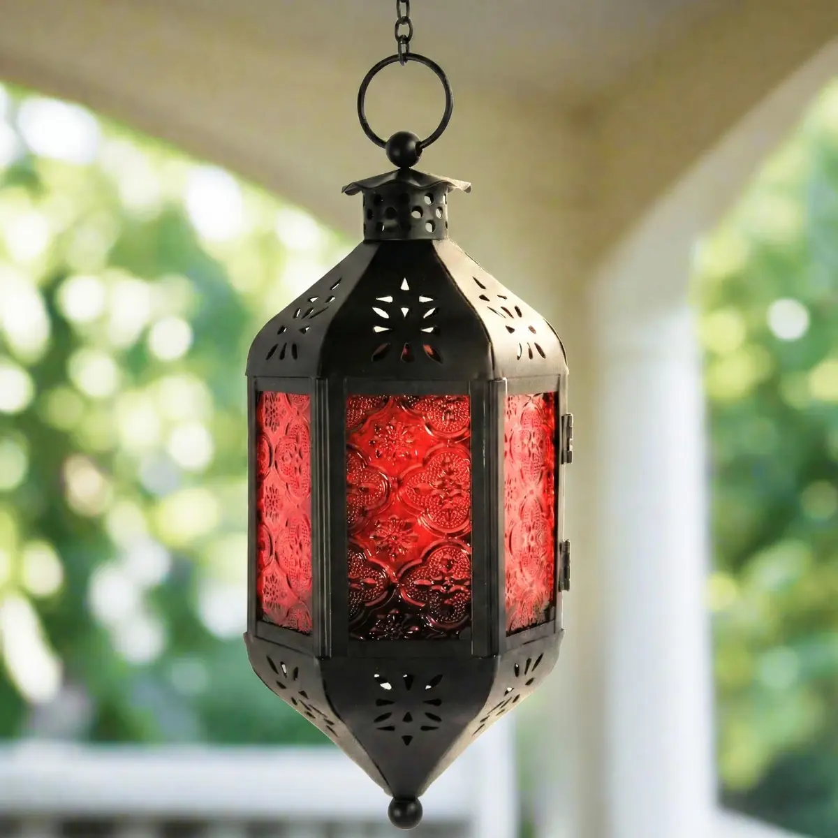 Vela Lanterns Hanging Moroccan Lamp - Exotic Decor, Indoor & Outdoor, 11" Red Glass - view 7