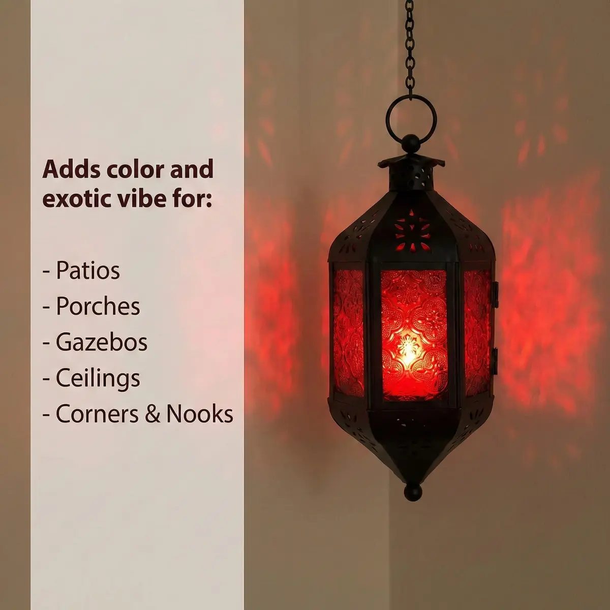 Vela Lanterns Hanging Moroccan Lamp - Exotic Decor, Indoor & Outdoor, 11" Red Glass - view 3