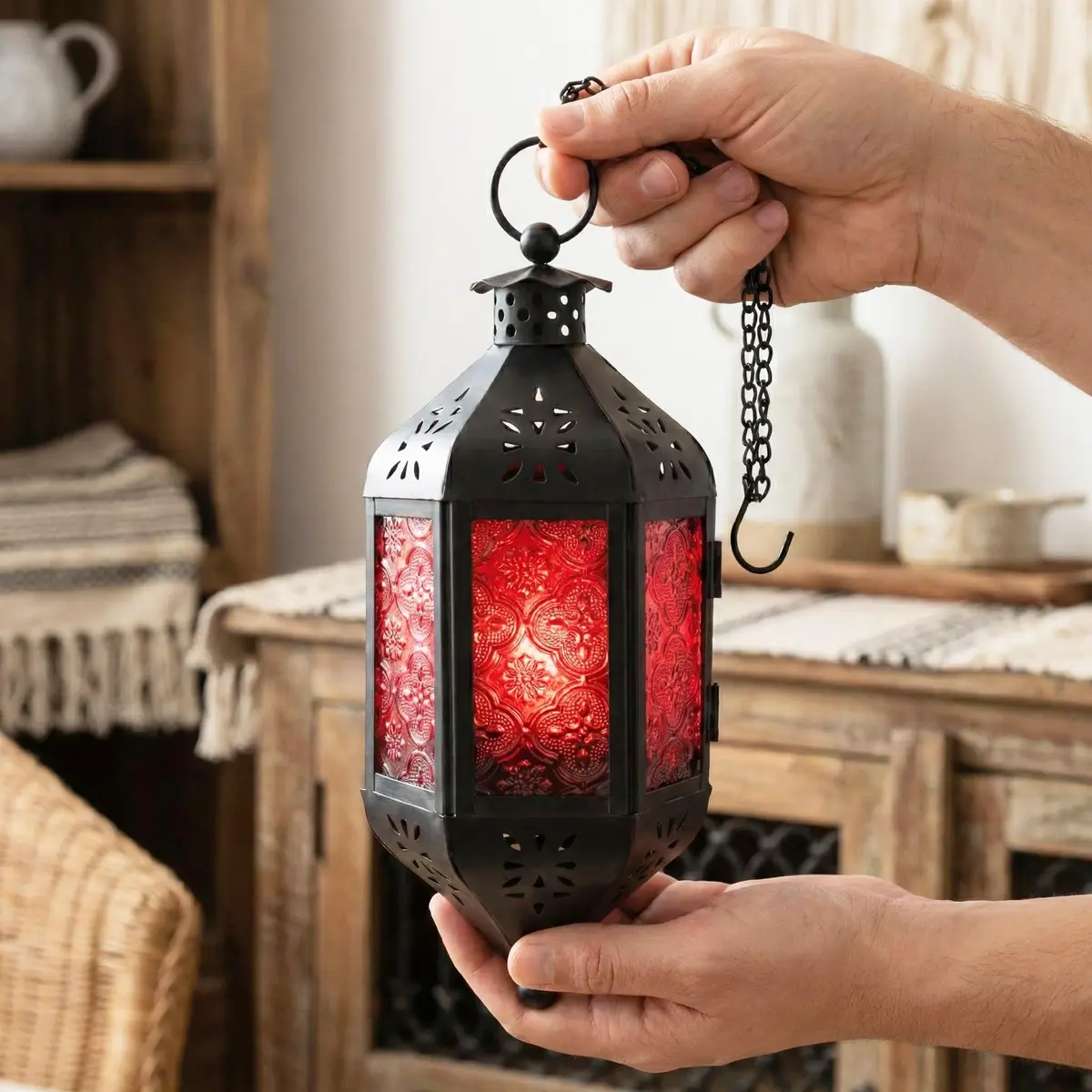 Vela Lanterns Hanging Moroccan Lamp - Exotic Decor, Indoor & Outdoor, 11" Red Glass - view 4