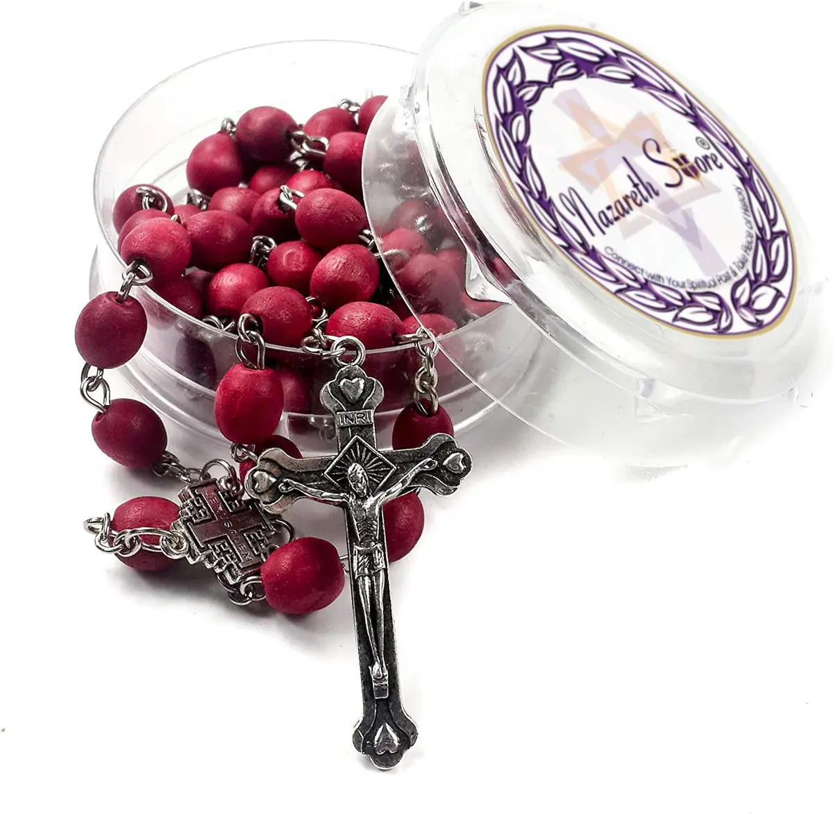 Nazareth Store Rose Petal Red Rosary Necklace | Silver Plated Carved Beads (52cm) - main product image