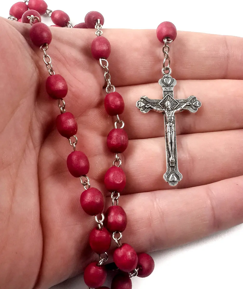 Nazareth Store Rose Petal Red Rosary Necklace | Silver Plated Carved Beads (52cm) - view 5