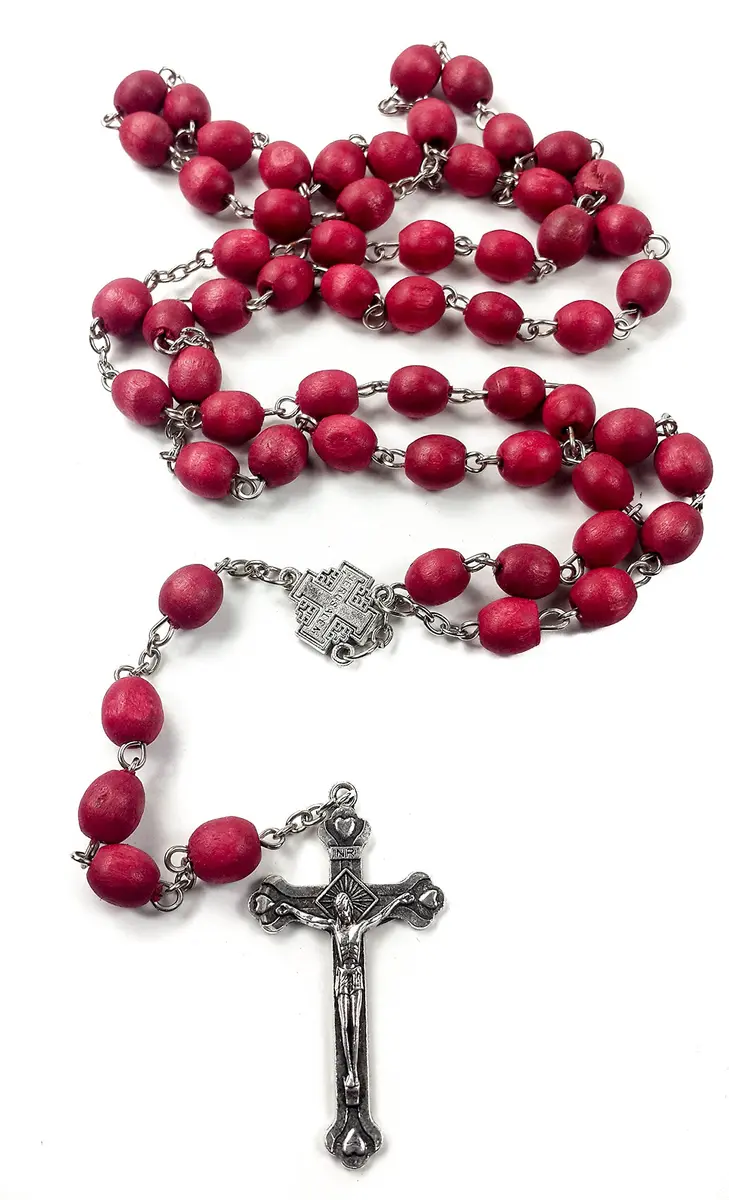 Nazareth Store Rose Petal Red Rosary Necklace | Silver Plated Carved Beads (52cm) - view 2