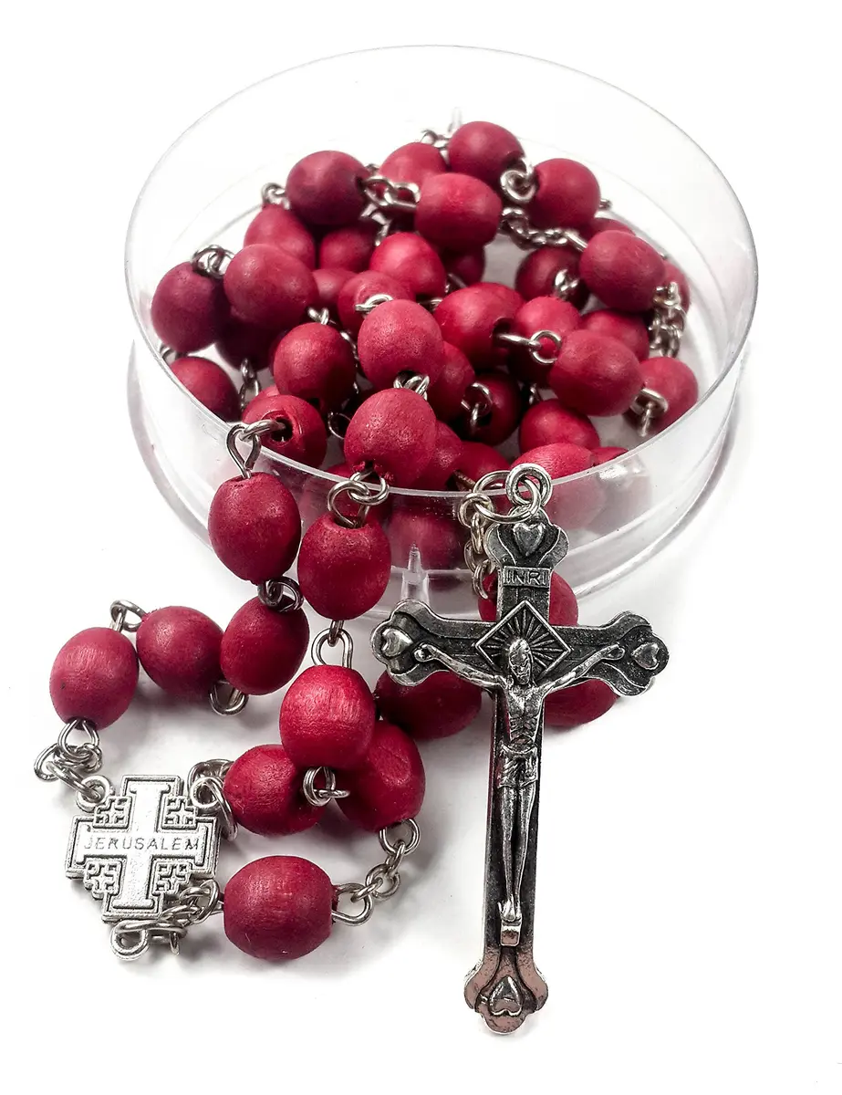 Nazareth Store Rose Petal Red Rosary Necklace | Silver Plated Carved Beads (52cm) - view 3