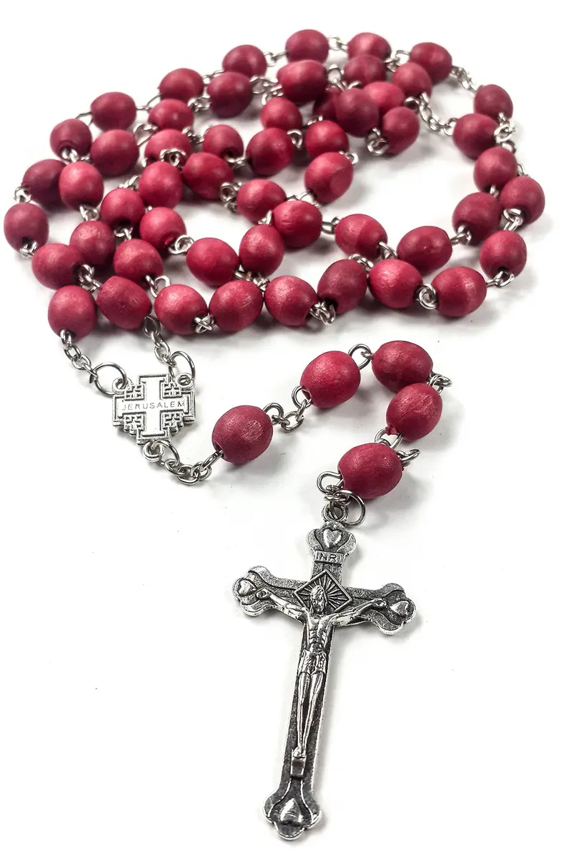 Nazareth Store Rose Petal Red Rosary Necklace | Silver Plated Carved Beads (52cm) - view 4