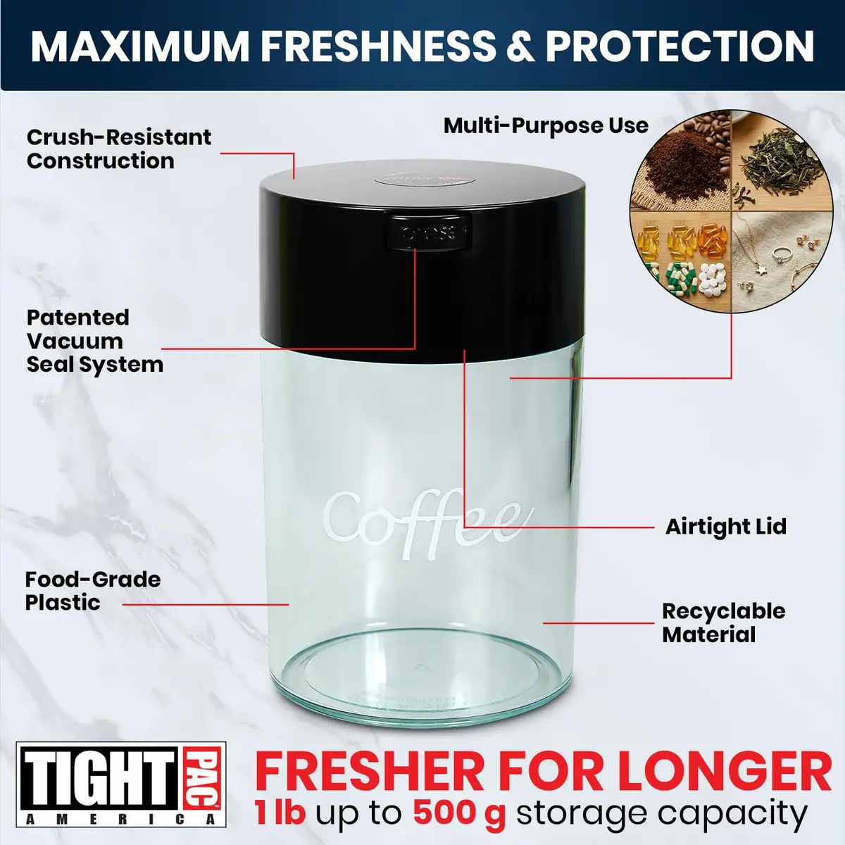COFFEEVAC 1.85L (1lb) Airtight Vacuum Coffee Container | Keeps Coffee Fresh & Smell-Proof - view 4