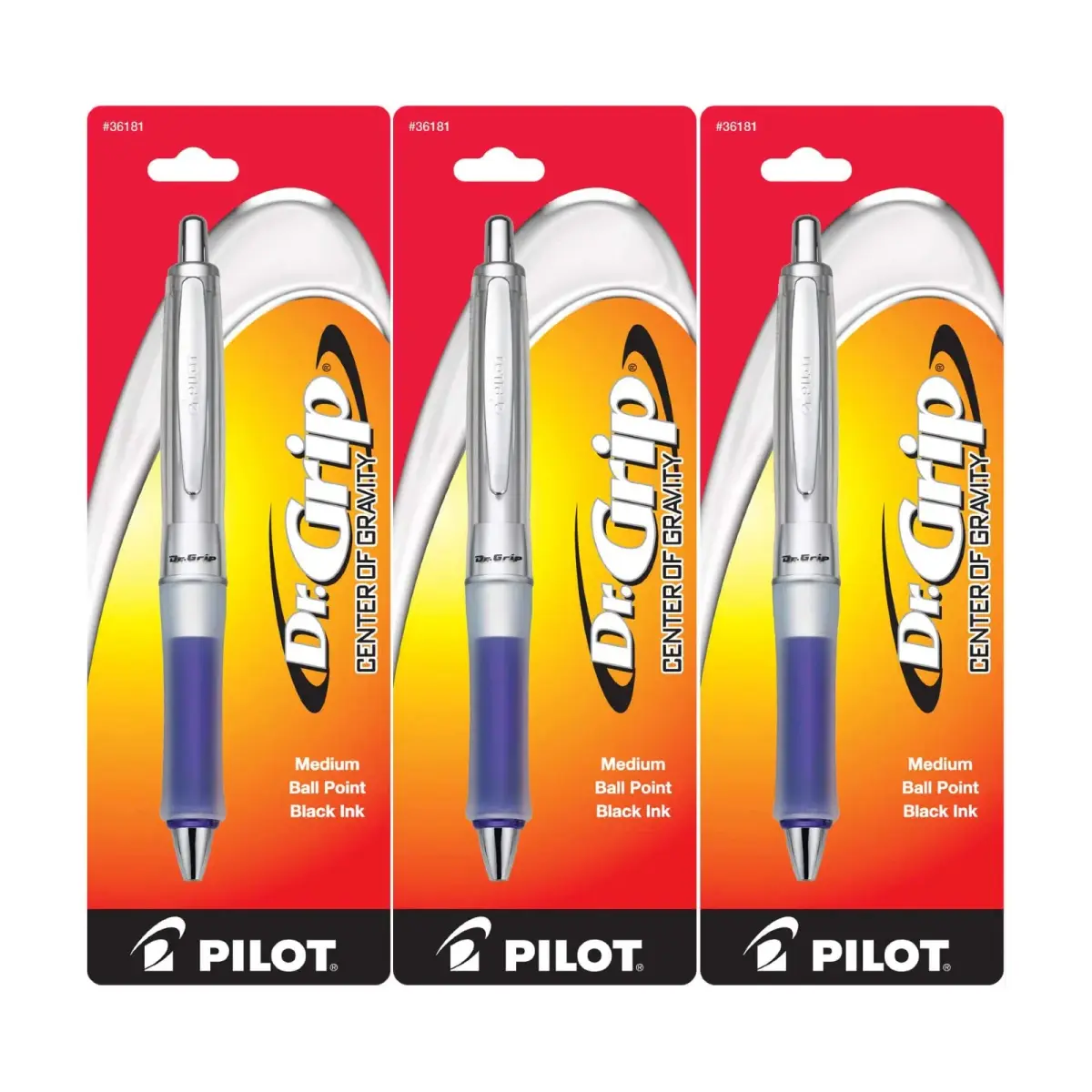 PILOT Dr. Grip Center of Gravity Retractable Ball Point Pen, Medium Point, Black Ink, Pack of 3 (Blue) | Arthritis Foundation Commended Ergonomic Design - main product image