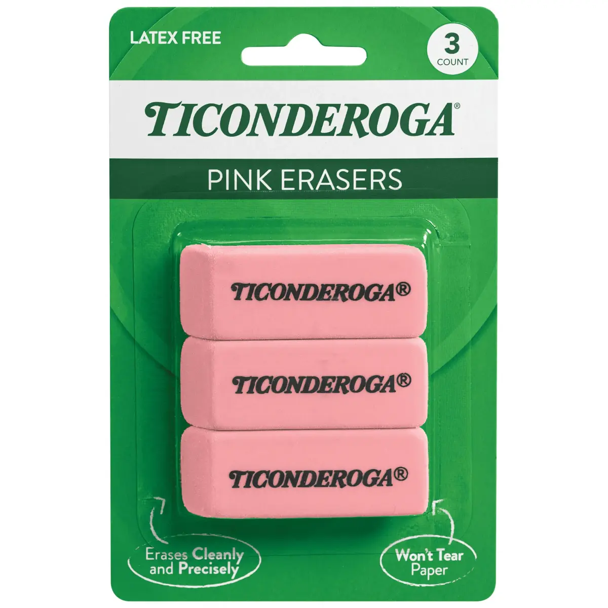 Ticonderoga Pink Wedge Erasers 3 Count | Classic Eraser for Clean Corrections - main product image