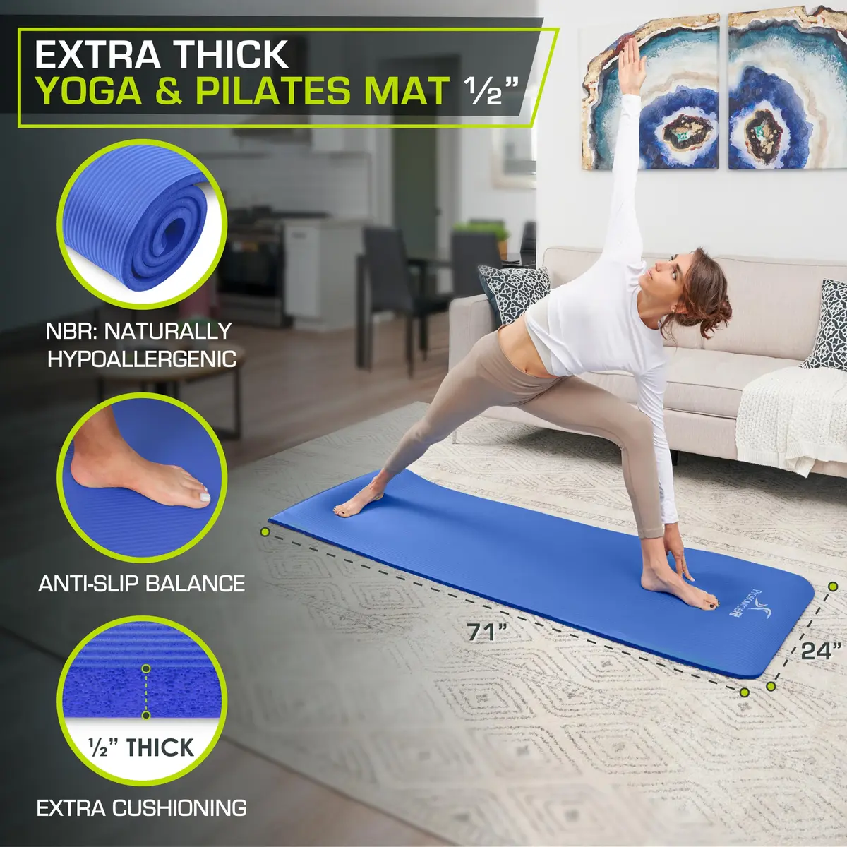 ProSourceFit Extra Thick Yoga and Pilates Mat ½” (13mm) 71-inch Long | High Density Exercise Mat with Comfort Foam and Carrying Strap - view 2