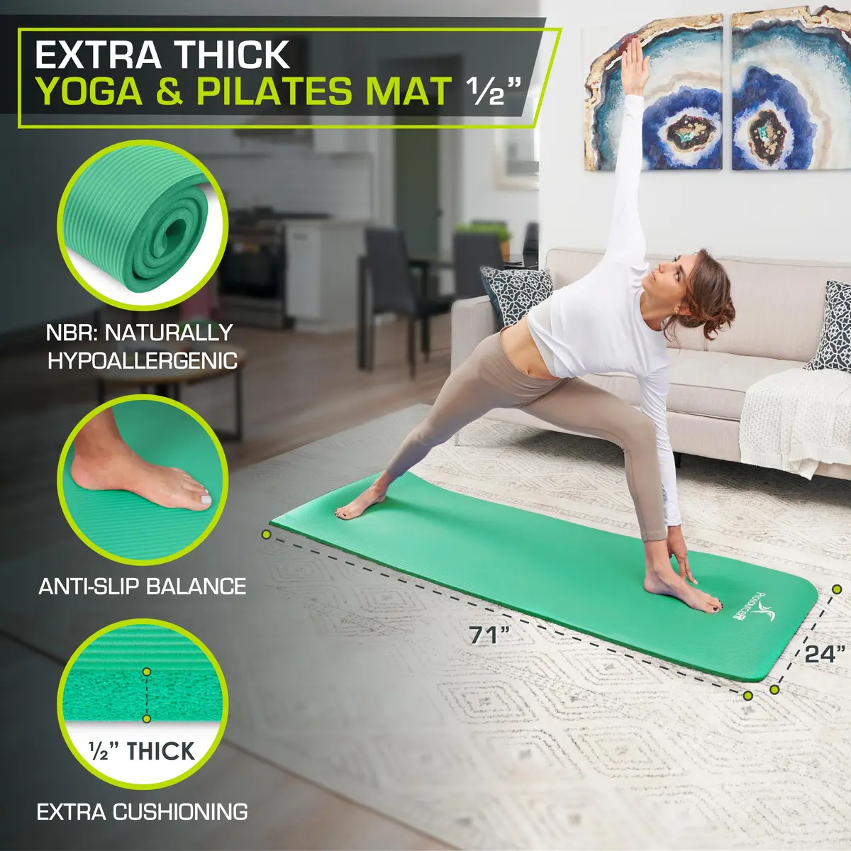 ProSource Extra Thick Yoga & Pilates Mat ½” (13mm) | 71-inch Long, Non-Slip, Moisture-Resistant - view 2