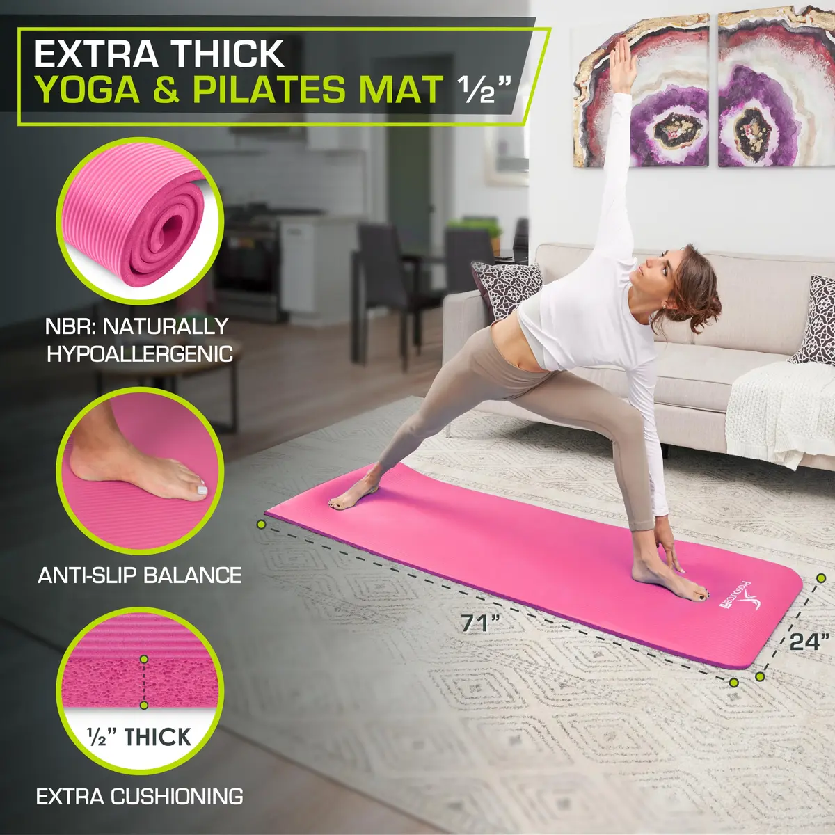 ProSource Extra Thick Yoga and Pilates Mat ½” (13mm) | Comfort Foam, Non-Slip, 71-inch Long - view 2