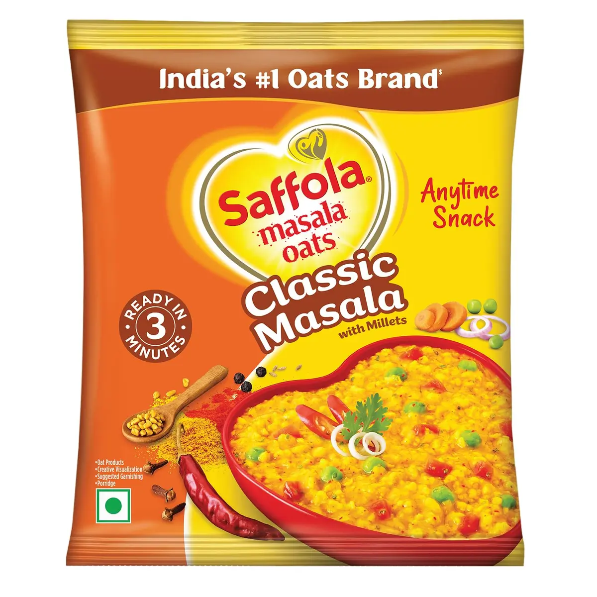 Saffola Classic Masala Oats 39g (1.34 oz) | Ready in 3 Minutes, Vegetarian Indian Breakfast Cereal - main product image