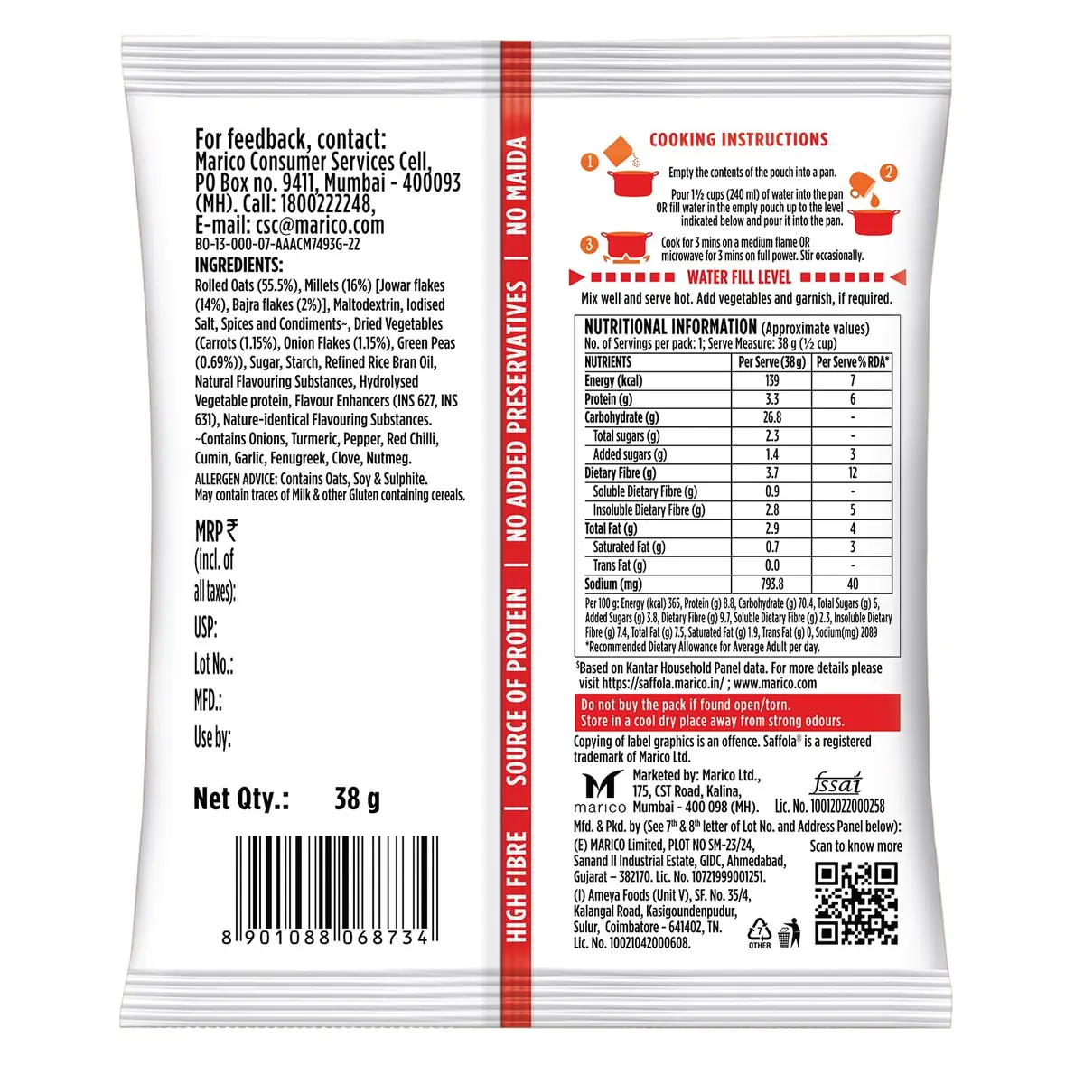 Saffola Classic Masala Oats 39g (1.34 oz) | Ready in 3 Minutes, Vegetarian Indian Breakfast Cereal - view 7