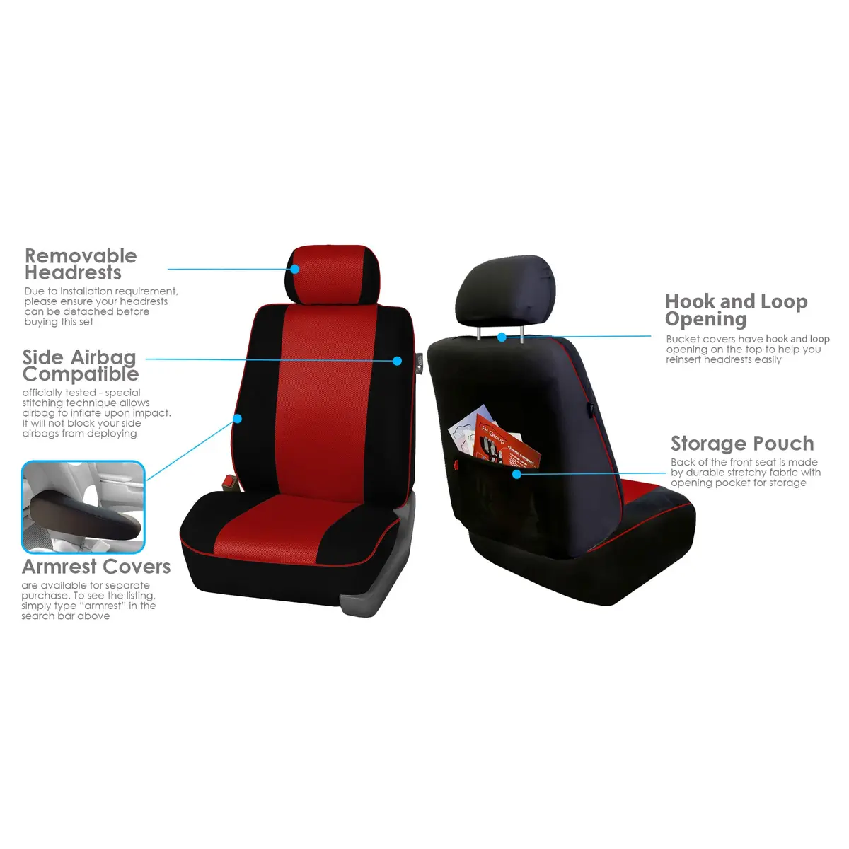FH Group Full Set Cloth Car Seat Covers - Universal Fit, Low Back, Airbag Compatible, Washable, Red - view 4