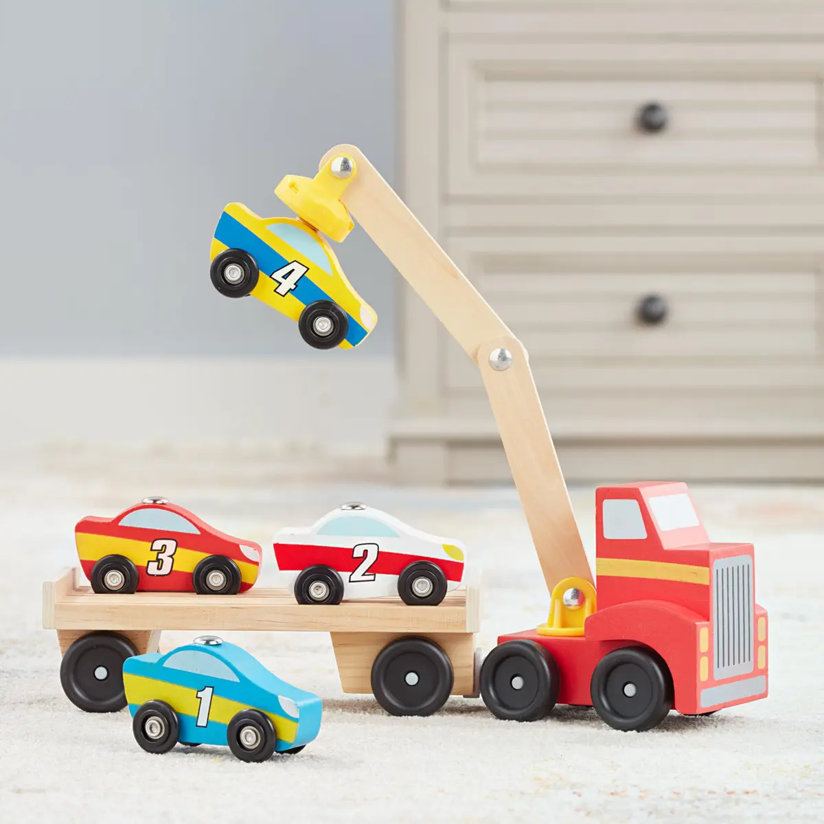 Melissa & Doug Magnetic Car Loader Wooden Toy Set with 4 Toy Cars | Cause-and-Effect & Sorting Play (110 characters) - view 9