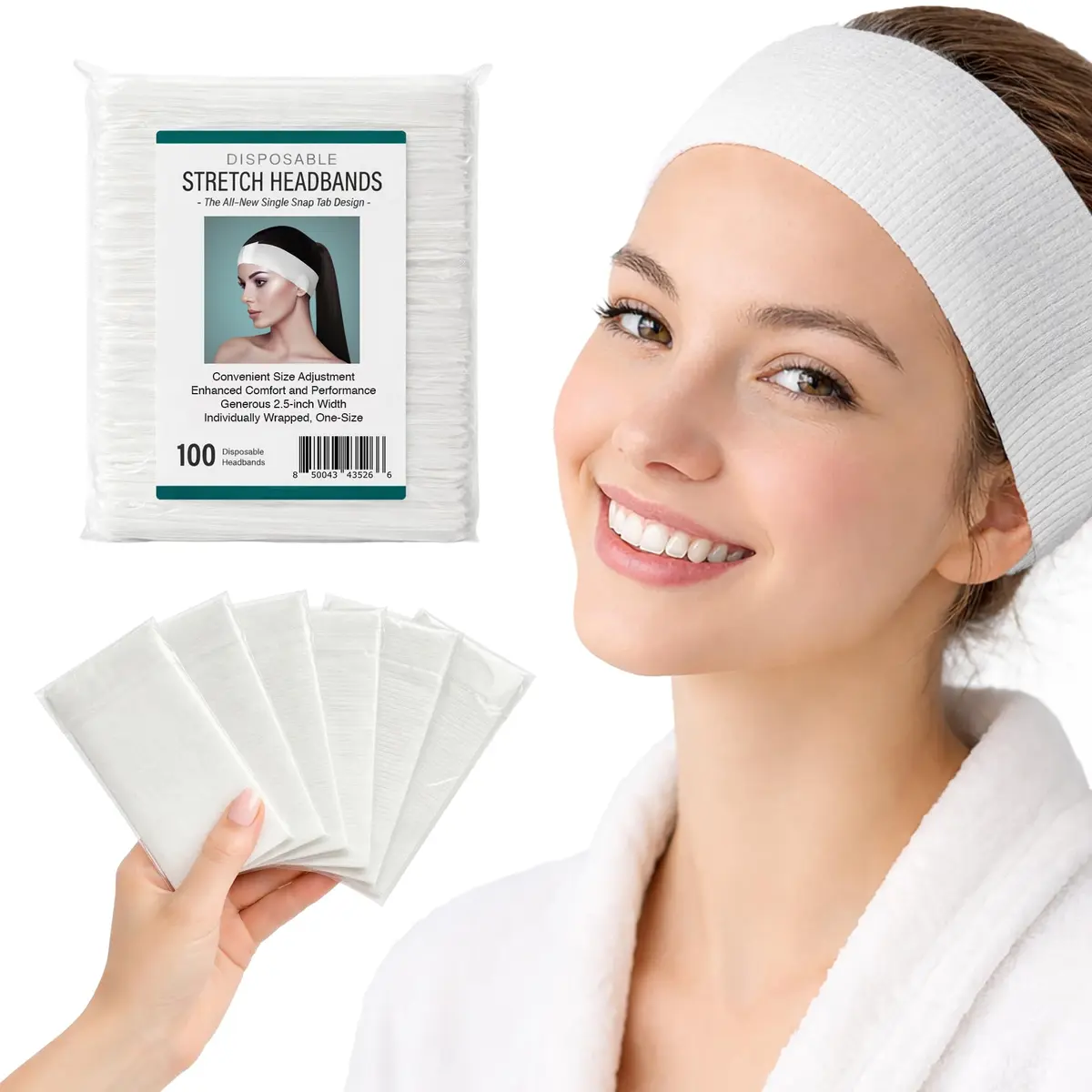 APPEARUS Disposable Facial Headbands, Esthetician, Stretch, 100 Count White | Snag-Free, Full Coverage Fit for Spa & Salon - main product image