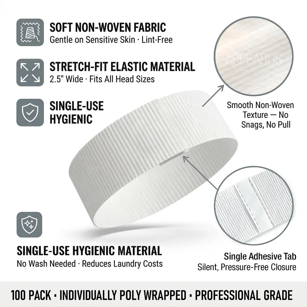 APPEARUS Disposable Facial Headbands, Esthetician, Stretch, 100 Count White | Snag-Free, Full Coverage Fit for Spa & Salon - view 6