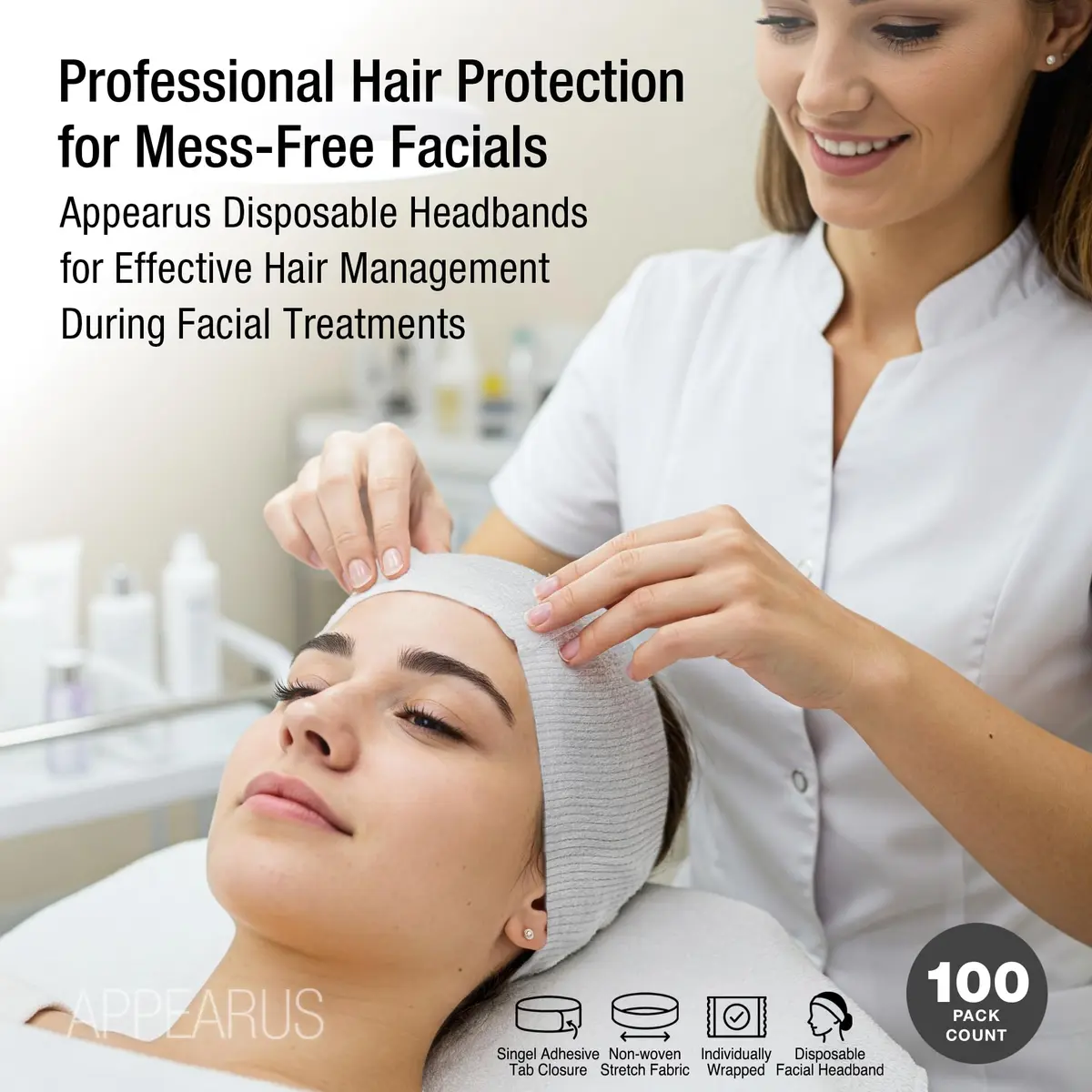 APPEARUS Disposable Facial Headbands, Esthetician, Stretch, 100 Count White | Snag-Free, Full Coverage Fit for Spa & Salon - view 2