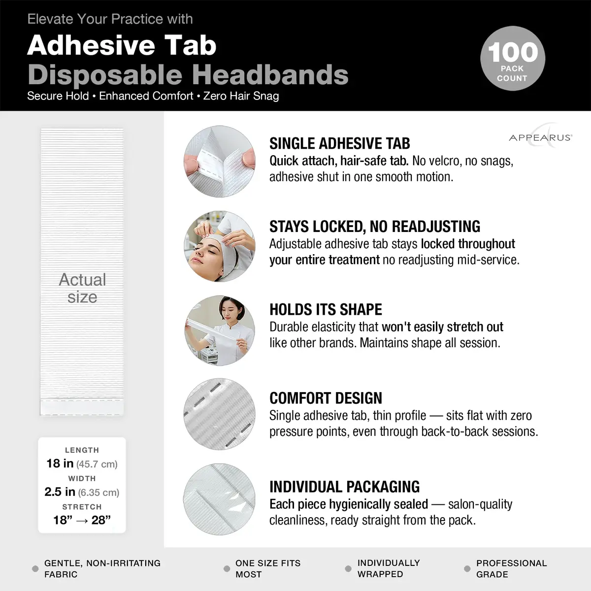 APPEARUS Disposable Facial Headbands, Esthetician, Stretch, 100 Count White | Snag-Free, Full Coverage Fit for Spa & Salon - view 3