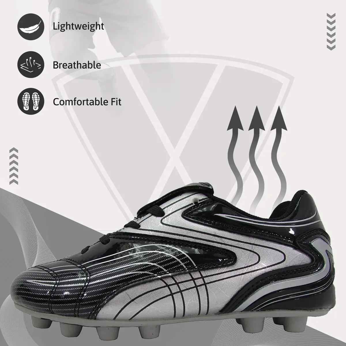 Vizari FG Soccer Cleats for Men, Women | FG Outdoor Football Shoes for Youth and Adults | Training, Matches & Practice Black/Silver - view 3