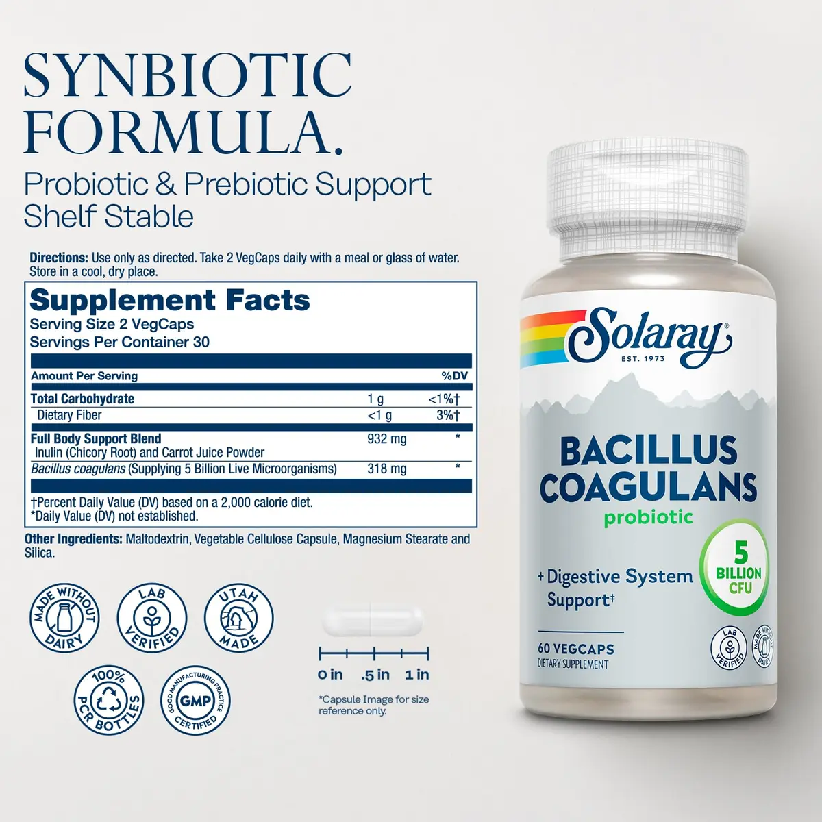 SOLARAY Bacillus Coagulans Probiotic 60 VegCaps | Digestive & Gut Health Support - view 2