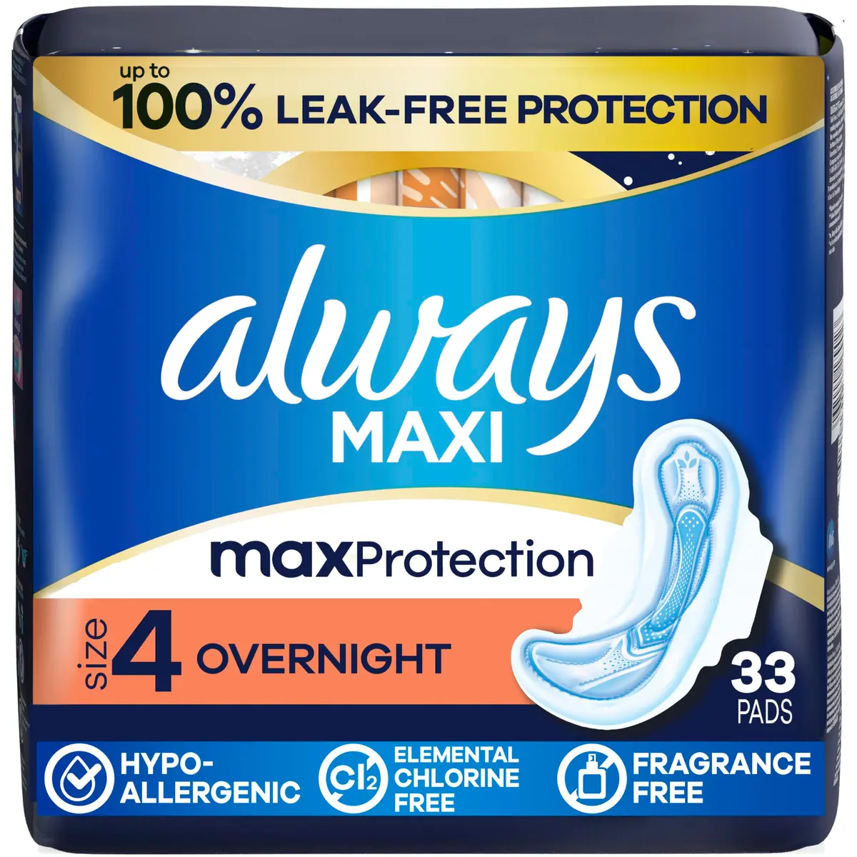 Always Maxi Overnight Pads with Wings Size 4 | Leak-Free Night Protection - main product image