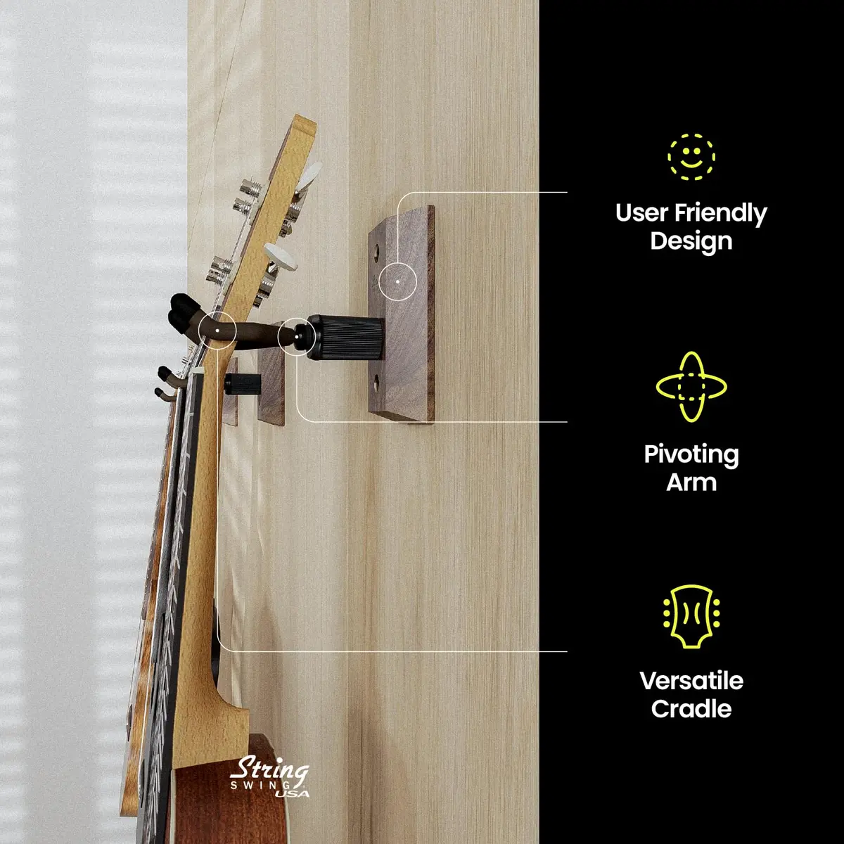 String Swing Black Walnut Ukulele Hanger | Made in USA Hardwood Wall Mount for Soprano, Concert, Baritone Ukuleles & Mandolins - view 4