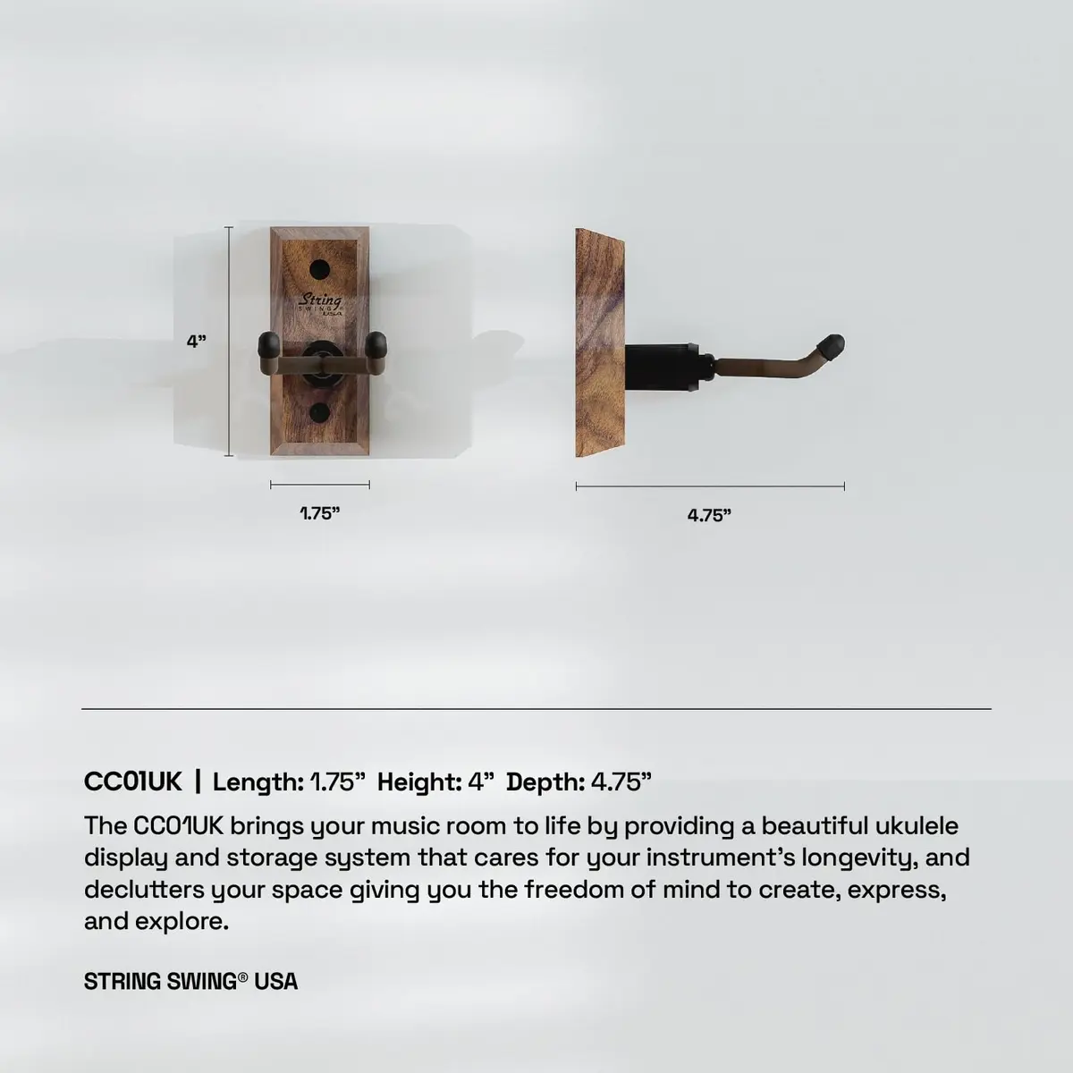String Swing Black Walnut Ukulele Hanger | Made in USA Hardwood Wall Mount for Soprano, Concert, Baritone Ukuleles & Mandolins - view 6