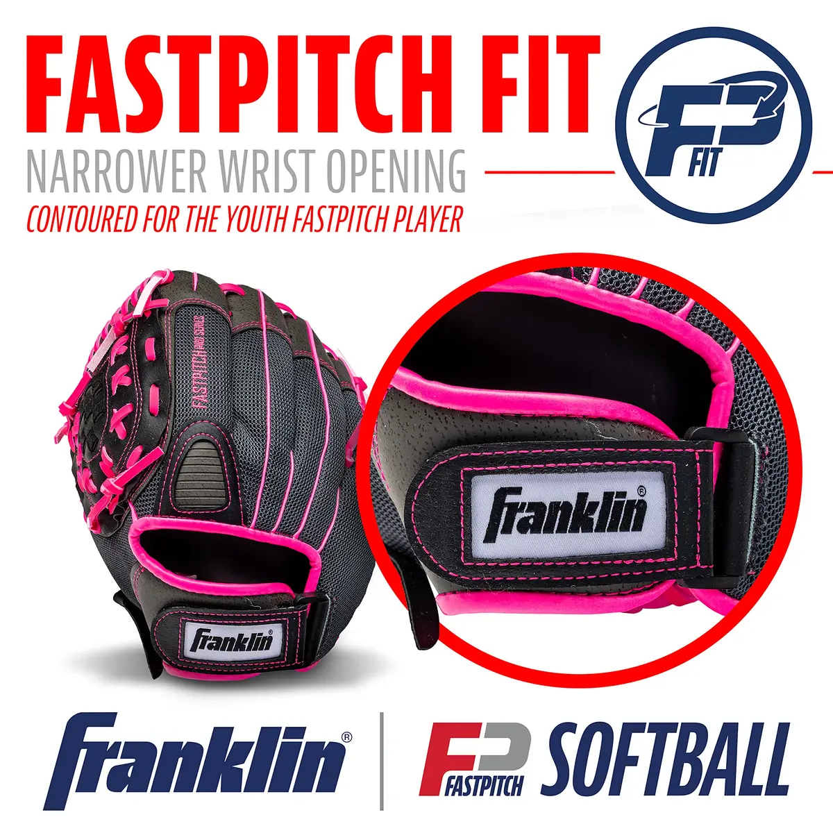 Franklin Sports Windmill Series Lefty Fielding Glove, Pink/Gray/Black, 11-Inch | Youth Fastpitch Glove with Adjustable Fit - view 5