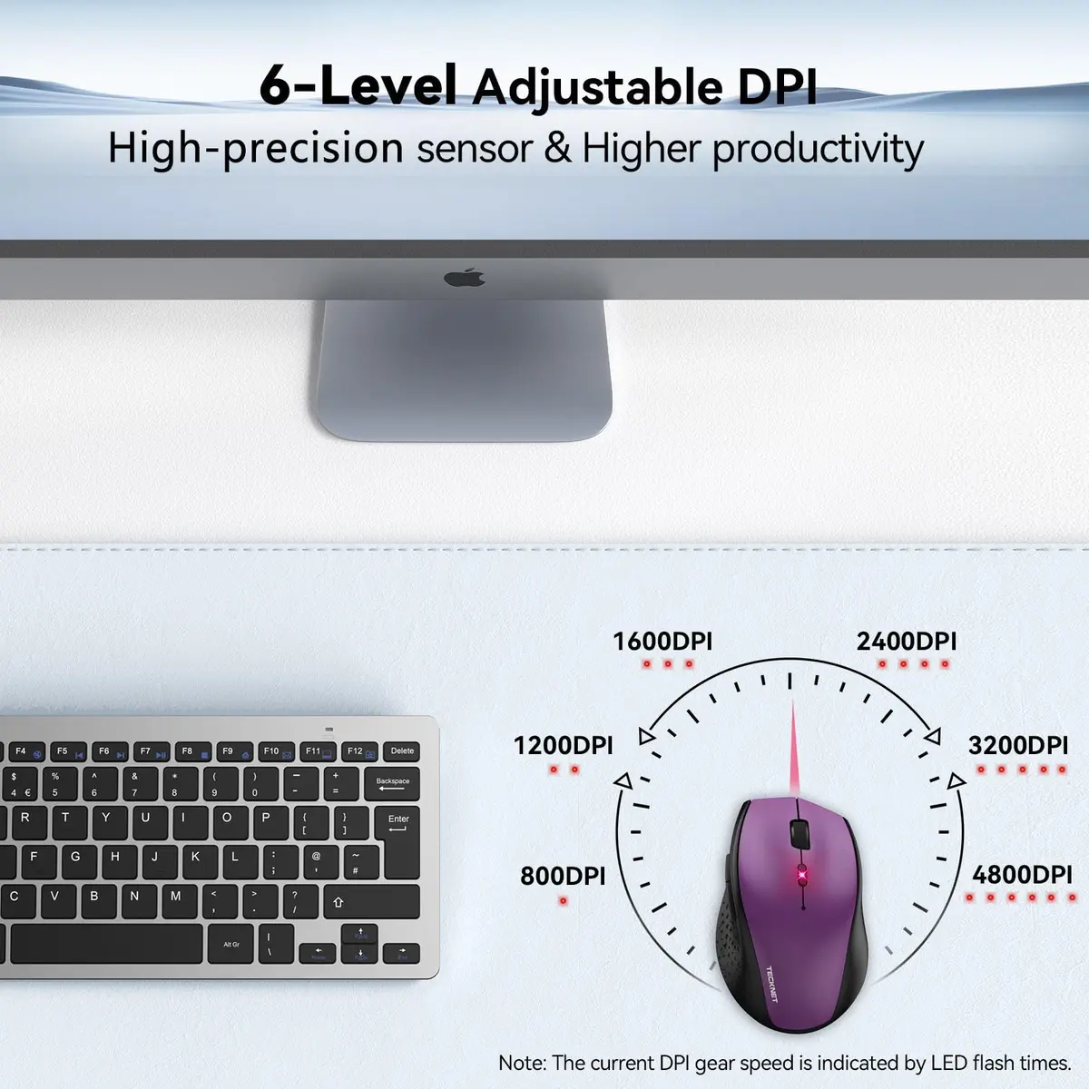 TECKNET 2.4G Wireless Mouse, 4800 DPI Ergonomic Computer Mouse, USB, Purple | 6 Levels Adjustable DPI & 6 Buttons - view 3