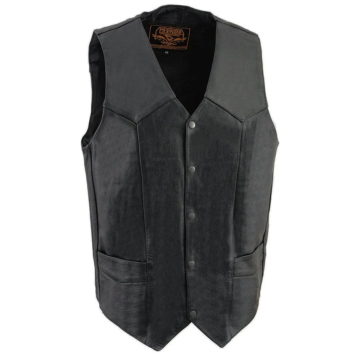 Milwaukee Leather SH1310 Men's Black Leather V-Neck Motorcycle Vest 64 | Classic Cowhide with Snap Closure - main product image