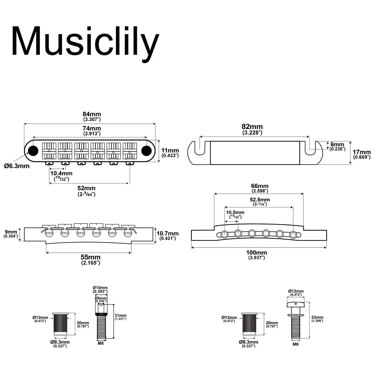 Musiclily Tune-o-matic Bridge and Tailpiece Set for Epiphone Les Paul/SG Style Electric Guitars, Black | 52mm Bridge Spacing, 52.5mm Tailpiece Spacing - view 2