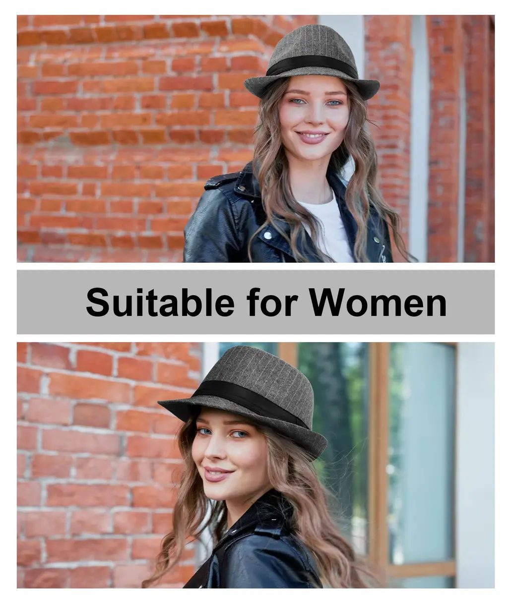 Simplicity Fedora Hats for Women Unisex Structured Gangster Trilby Felt Pinstripe Fedora Hats for Men, Grey | Classic unisex style with iconic teardrop crease - view 6