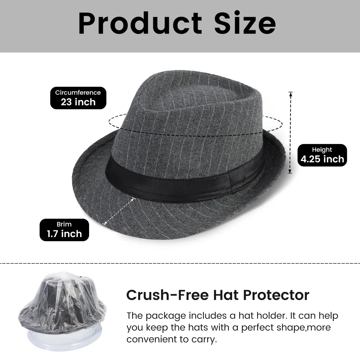 Simplicity Fedora Hats for Women Unisex Structured Gangster Trilby Felt Pinstripe Fedora Hats for Men, Grey | Classic unisex style with iconic teardrop crease - view 2