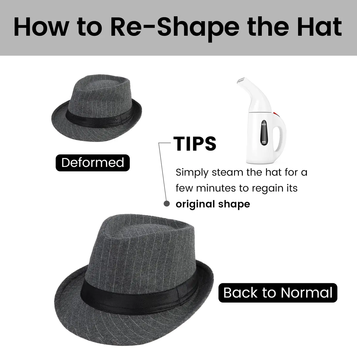 Simplicity Fedora Hats for Women Unisex Structured Gangster Trilby Felt Pinstripe Fedora Hats for Men, Grey | Classic unisex style with iconic teardrop crease - view 3